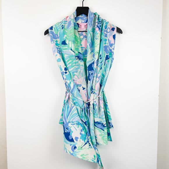 Lilly Pulitzer XXS/XS 100% Silk Wrap Draped Blouse Blue Sleeveless - Picture 2 of 11